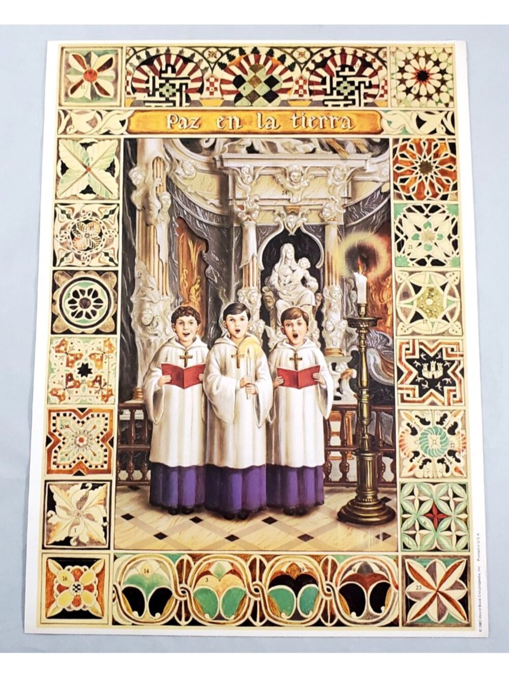 Vtg Paper Christmas Advent Calendar Paz En La Tierra Spanish Altar Boys Singing